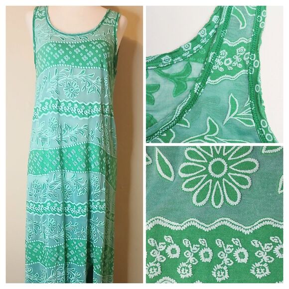 Jean-Louis Scherrer Maxi Dress Sz Small Green Floral Burnout Sheer Stripe Beach - Picture 1 of 16
